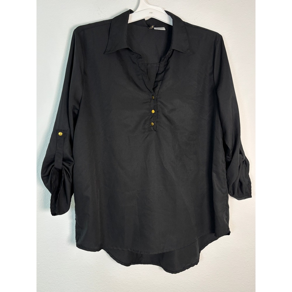 Manhattan Black Roll Tab Sleeve Button Front Blouse Medium Cotton Blend